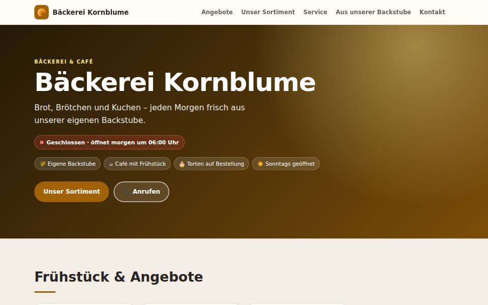 Vorschau der Beispiel-Website Bäckerei Kornblume