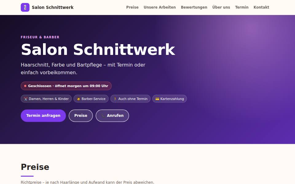 Vorschau der Beispiel-Website Salon Schnittwerk
