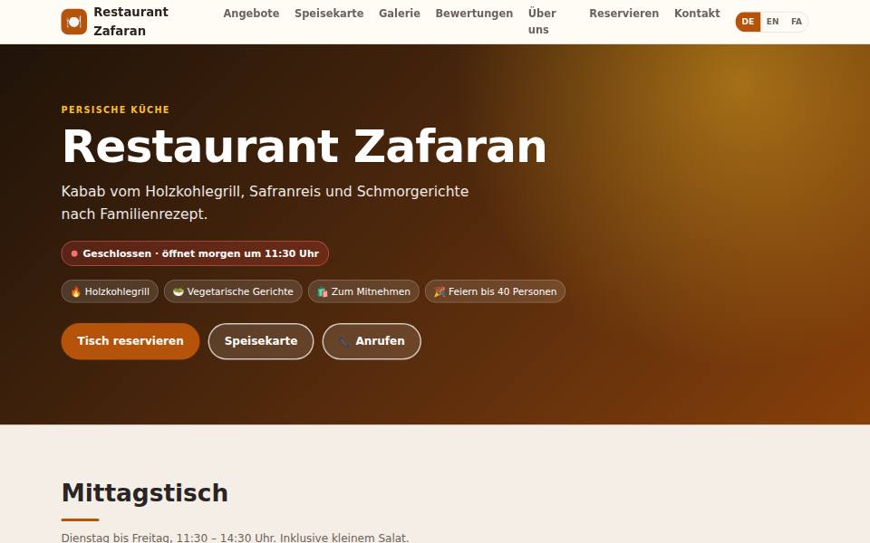Vorschau der Beispiel-Website Restaurant Zafaran