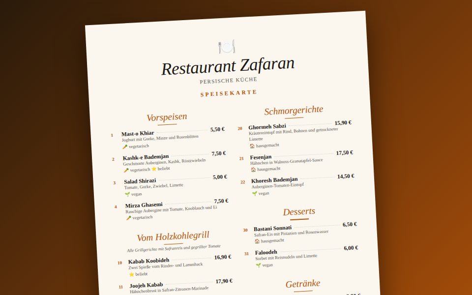 Beispiel einer gedruckten Speisekarte im klassischen Stil